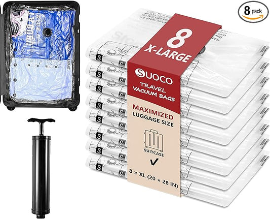 SUOCO Travel Vacuum Seal Bags for Clothing with Hand Pump, 8 XL Compression Packing Bags for Luggage Suitcase, Space Saver Storage