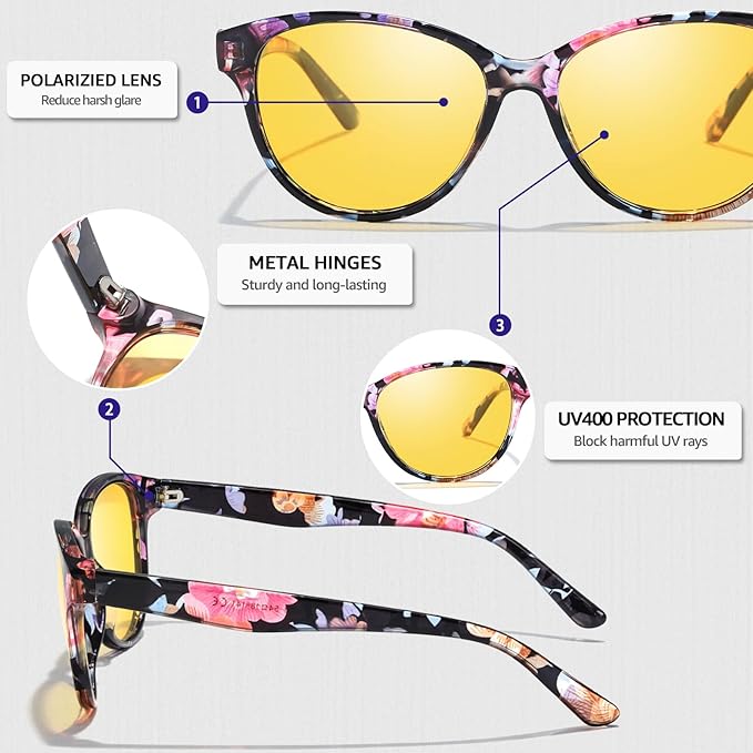 Myiaur Night Vision Driving Glasses for Women, Polarized Anti Glare Yellow Lens Glasses for Nighttime, UV400 Protection