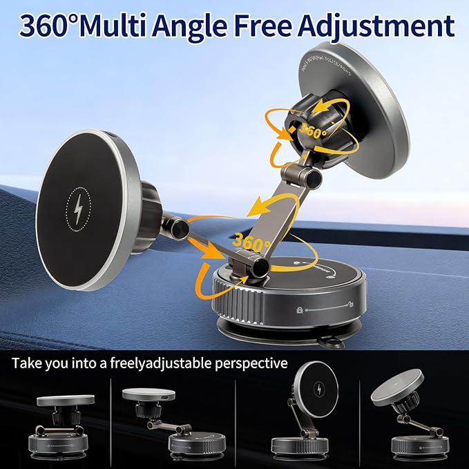 Domiunier For iPhone MagSafe Car Mount Charger[15W Fast Wireless Charging, 120LBS Strongest Suction, 2800gf Strong Magnetic]360° Rotation Adjustable Car Phone Holders for Your Car Dashboard/Windshield