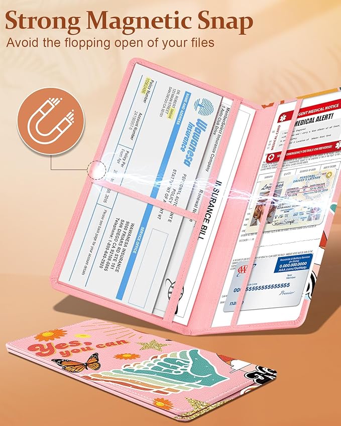 Slohif Car Registration and Insurance Card Holder with Magnetic Shut - Vehicle Glove Box Organizer Women Leather Automobile License Holders Coasters Auto Accessories Case for Document Funny Y2K