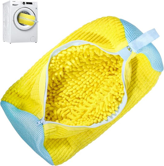 Shoe Washing Machine Bag – Reusable Laundry Shoe Bag for Washer and Dryer, Durable Chenille Microfiber with 360° Cleaning, Hidden Zipper Design for Sneakers, Tennis Shoes, Yellow