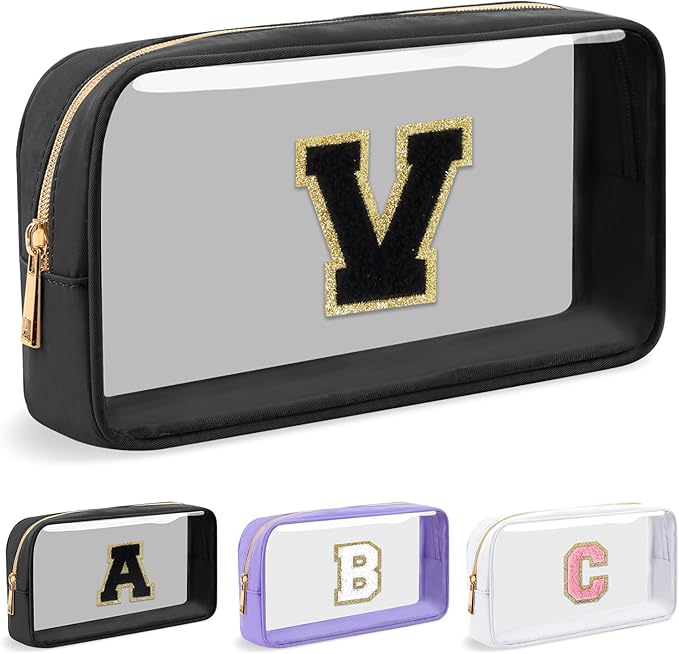 Personalized Initial Letter Clear Makeup Bag,Preppy Small Nylon&PVC Cosmetic Zipper Bag with Chenille Letter,Travel Skincare Toiletry Bag,Monogram Christmas Gift for Teen Girls Women,V