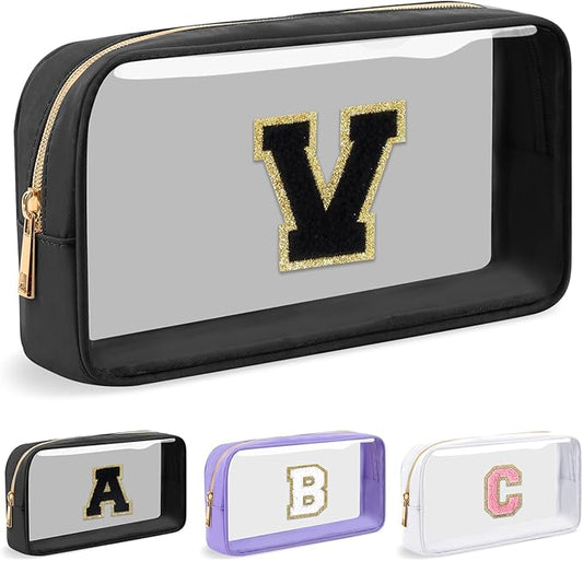 Personalized Initial Letter Clear Makeup Bag,Preppy Small Nylon&PVC Cosmetic Zipper Bag with Chenille Letter,Travel Skincare Toiletry Bag,Monogram Christmas Gift for Teen Girls Women,V