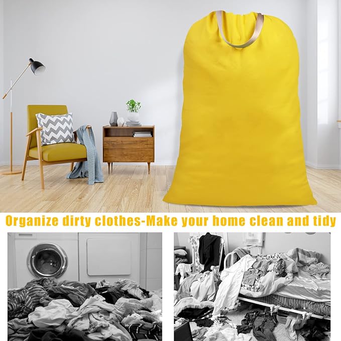 Cotton Canvas Laundry Bag with Handles & Drawstring Straps, Heavy Duty Extra Large Laundry Bags for Laundromat and Household, 25.5x34 Inch, Yellow