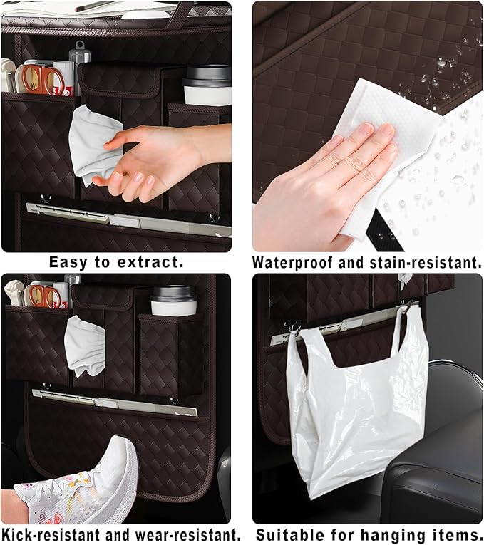 GMQ Back Seat Car Organizer 1 Pack,Backseat Organizer with Tray,Multifunctional Car Seat Back Storage Box with Foldable Tablet Holder (Coffee, Weave)