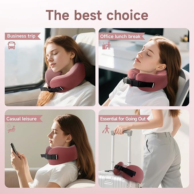 SPRFUFLY Travel Pillow/Neck Brace - 100% Memory Foam Neck Pillow for Sleeping, Airplane Pillow with Sleep Mask & Earplugs, Travel Essentials Neck Brace Pillow for Airplane, Car, Office & Home(Pink)