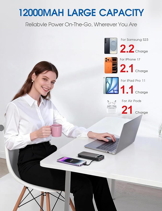 Portable Charger, 12000mAh 22.5W Fast Charging Power Bank with Built-in Cables & Wall Plug, USB C External Battery Pack with LED Display, Travel Essential Charging Bank for iPhone, iPad, Samsung Black