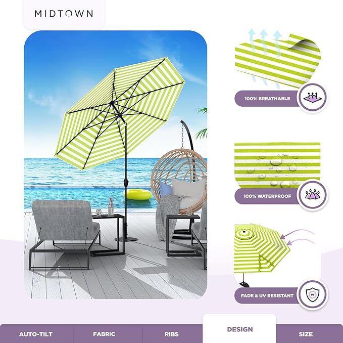 Midtown Umbrellas The Lean 6 Feet Outdoor Umbrella With Terylast Pear Stripes (Green/White Stripes) Polyester Fabric - Auto-Tilt Aluminum Frame Patio Umbrella For Deck, Garden, Pool - Black Pole