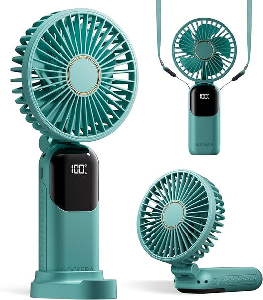 Portable Fan, 4200mAh Battery Operated Fan, 5 Speeds&Digital Display, Makeup Fans for Women with Base, 180°Foldable 3in1 Handheld/Neck/Desk Fan for Outdoor Indoor,Ultra Quiet (Green)