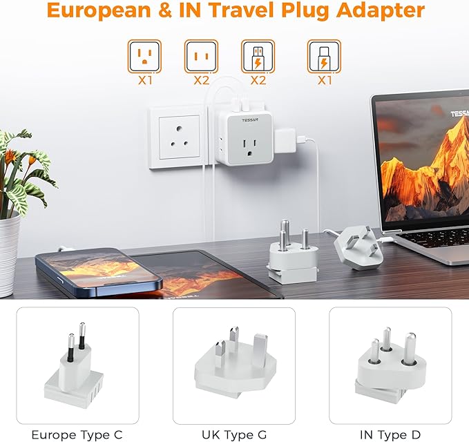TESSAN European UK India Travel Plug Adapter Kit, International Detachable with 3 Outlet 3 USB(1 USB C), Type C/G/D EU Power Adaptor, US to Europe Italy Spain France Ireland Dubai Maldives