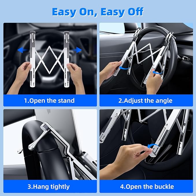 Angle Adjustable Car Steering Wheel Laptop Holder,Foldable Laptop Stand for car,Metal Car Notebook Riser | Car Reading Stand | Car Tablet Holder, Multipurpose Travel Car Accessories (Silver)