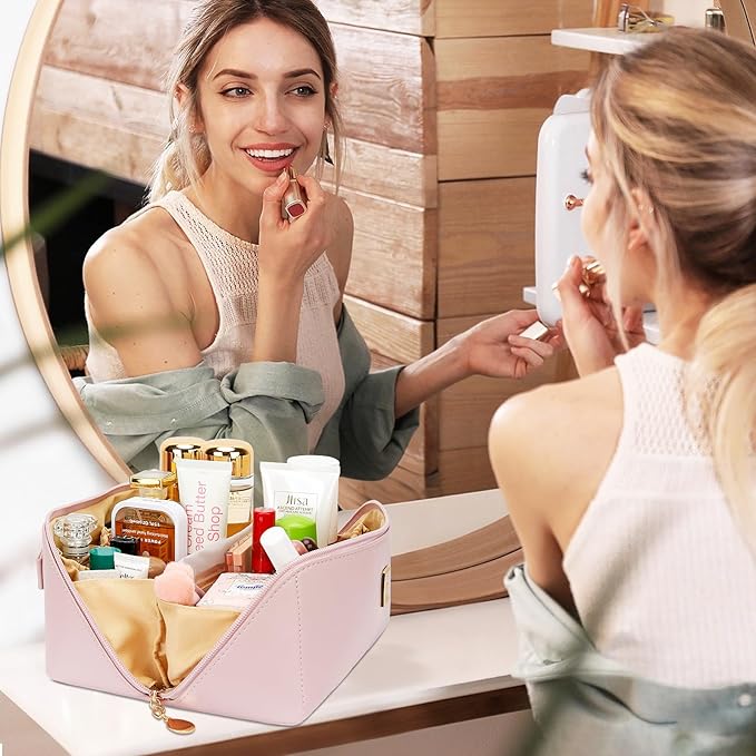 Birthday Gifts for Women Teen Girl, Personalized Initial Makeup Organizer Bag Set, Open Flat Travel Cosmetic Bag With Clear Divider and Handle(Pink,K)