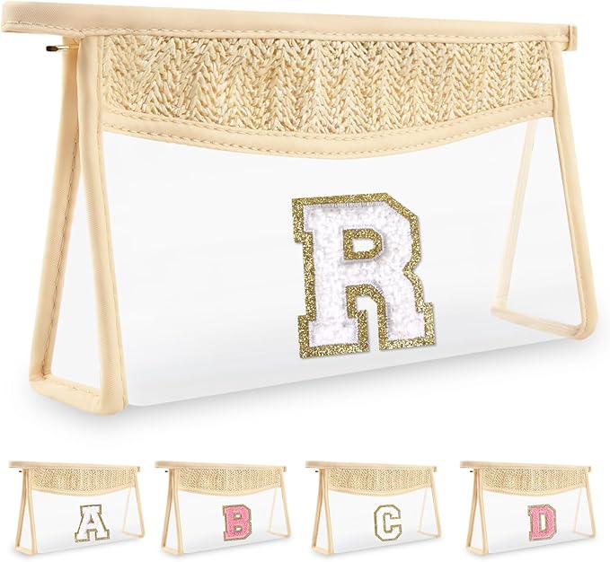Personalized Initial Letter Bag Boho Straw Clear Makeup Bag,Small Cute Chenille Varsity Letter Pouch With Zipper,Beach Travel Toiletry,Portable Monogrammed Cosmetic Bag for Women Girls,R
