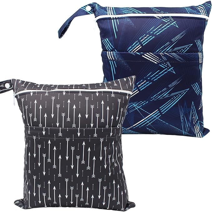 Wet Dry Bag Waterproof Reusable Wet Bag for Swimsuit, Travel, Beach, Pool, Bathing, Diapers, Dirty Yoga Gym Clothes Toiletries Daycare Organizer with Two Zippered Pockets (arrow line)