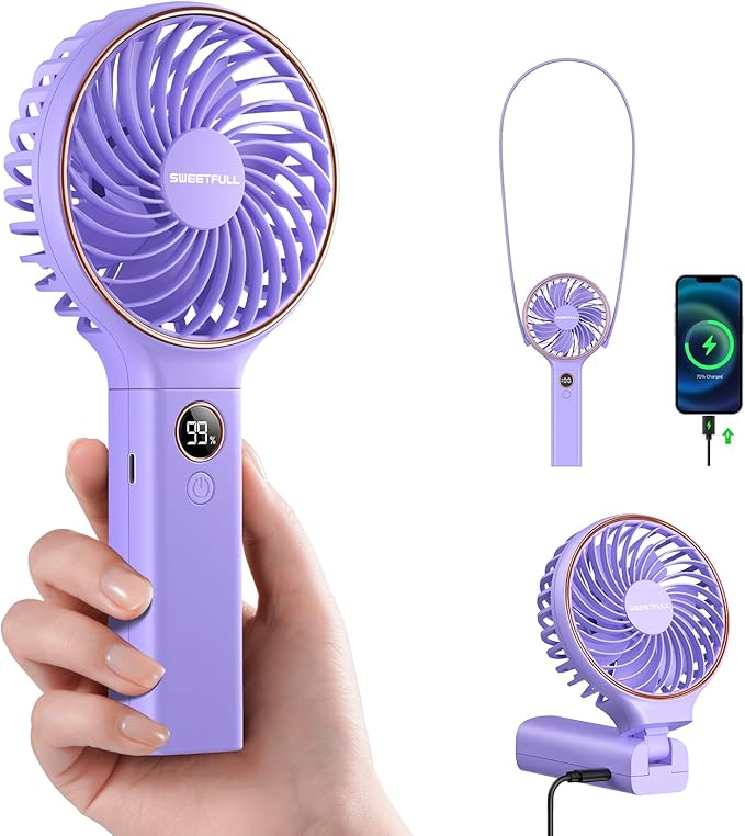 SWEETFULL Handheld Fan, Portable Fan, 5000mAh Rechargeable Battery, 6 Speed Wind, LED Display, Personal Mini Travel Fan with Backup Power, Hand Held Fan USB Foldable Electric Fan for Women Girl