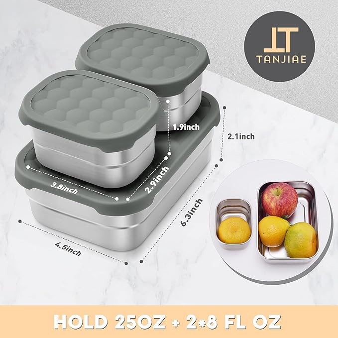 3 CUP+1 CUP Stainless Steel Lunch Snack Containers Set | Leak Proof 304 Stainless Steel Food Containers with Silicone Lids - Perfect Metal Lunch Box for School and Daycare (25oz+8oz*2)