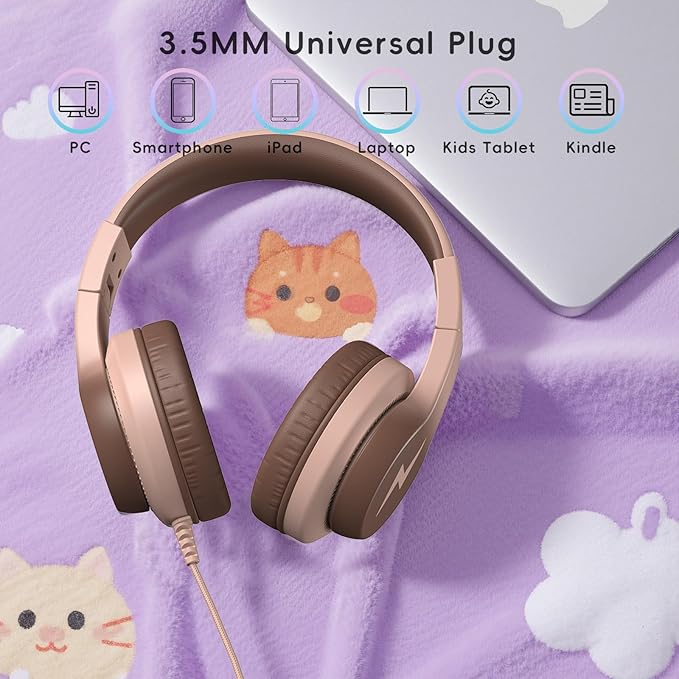 Kids Headphones, Wired Headphones for Kids Over Ear with Microphone, 85/94dB Volume Limiter Headphone for Girls Boys, Foldable Headphone for Learning & Entertainment, Gradient Brown