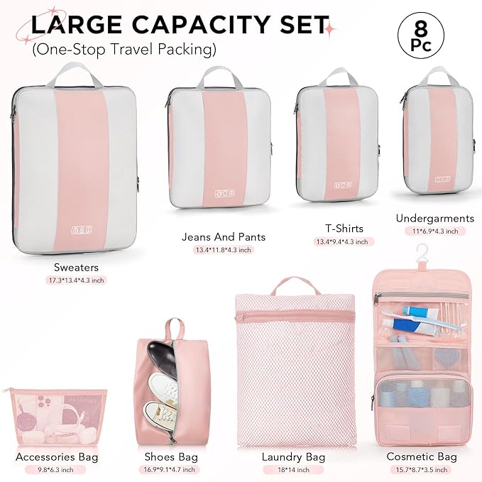 8 Set Compression Packing Cubes for Travel Essentials,Compressible Expandable Packing Cubes for Suitcase,OlarHike Luggage Organizer Bags for Travel,Handy Helper for Organizing Clothes(Pink)