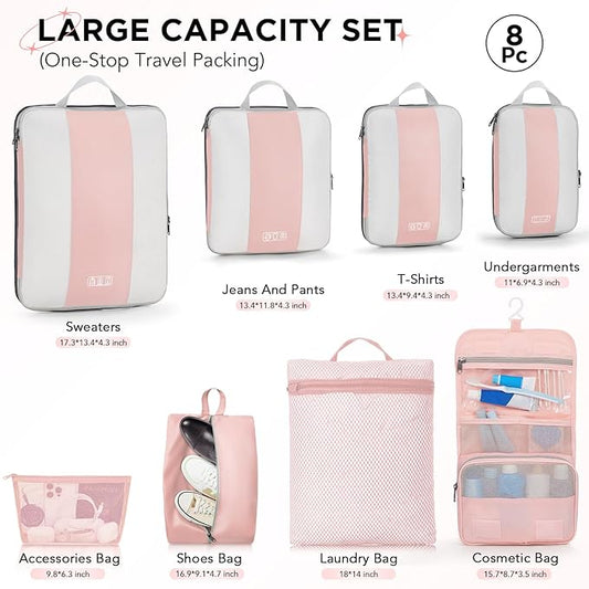 8 Set Compression Packing Cubes for Travel Essentials,Compressible Expandable Packing Cubes for Suitcase,OlarHike Luggage Organizer Bags for Travel,Handy Helper for Organizing Clothes(Pink)