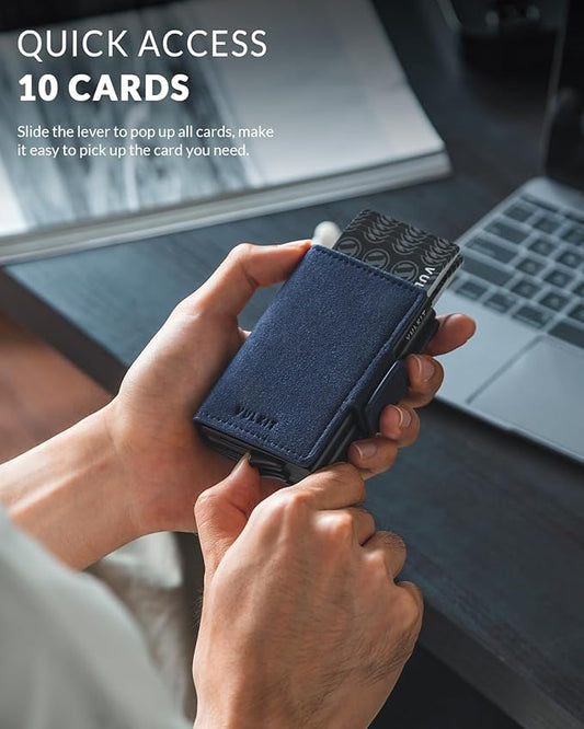 VULKIT Credit Card Holder RFID Blocking Leather Automatic Pop Up Wallet Magnetic Wallet Double Card Case for Men and Women