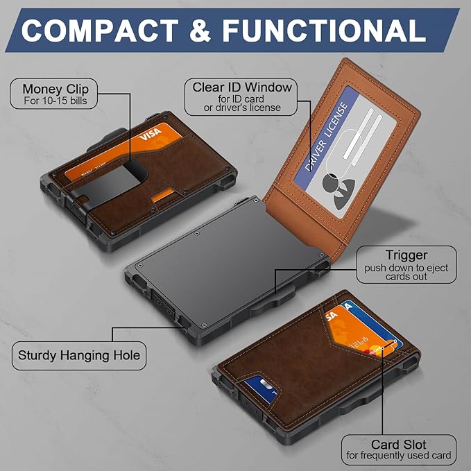 Wallet for Men, Minimalist Slim Mens Wallet with Money Clip, RFID Blocking Smart Pop Up Card Wallet with ID Window, Compact Bifold Wallet,Metal Aluminum Credit Card Holder
