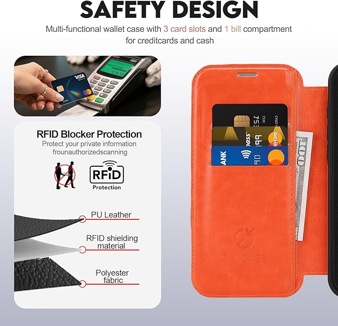 CIVICASE for iPhone 16 Pro Wallet Case with Stand,PU Leather Flip Credit Card Holder Slots (RFID Blocking),Compatible with Magsafe Magnetic Holder Phone Cover Women Men,Orange