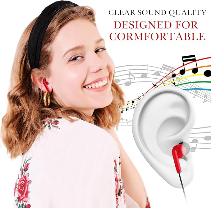 Kanayu 100 Pack Wired Earbuds Bulk for Classroom Ear Headphones Wired Basic Student Earbuds No Microphone with 3.5MM Jack for Class Laptop School Library, Individually Bagged (Red)