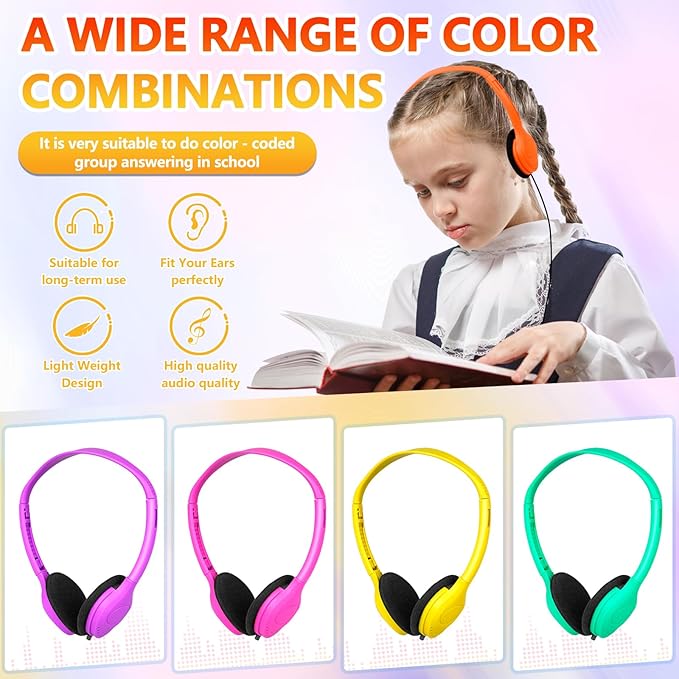 Bulk Headphones for Kids 10 Pack,Class Set of Headphones for School Classroom Students Teen Boys Girls Multi Color