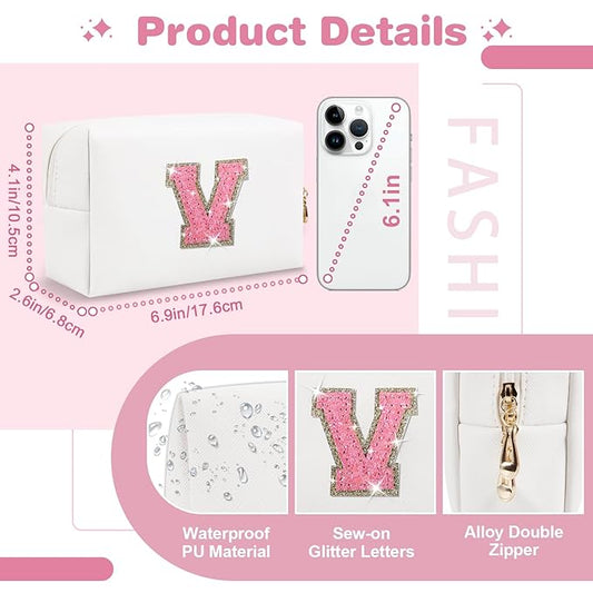 Small Initial Patch Makeup Bag Personalized Gifts Make Up Bag,White Cute PU Leather Glitter Letter Cosmetic Bag with Zipper,Trendy Portable Travel Toiletry Pouch,Preppy Stuff for Teen Girls Women V