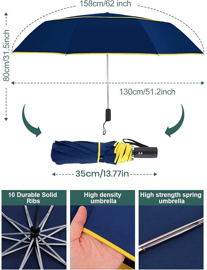 Kalolary 62 Inch Automatic Golf Umbrella - Extra Large Folding, Windproof, Compact, Double Canopy, Travel Folding, Oversize Rain Umbrella for Home Family Use