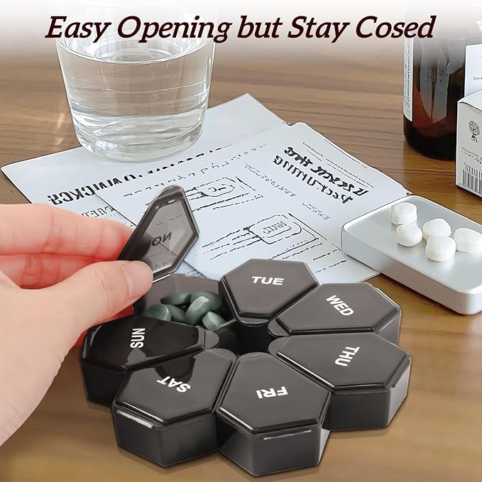 7-Day Weekly Pill Organizer and Daily Vitamin Case - Pill Box for Medication Management (1Pack Black)