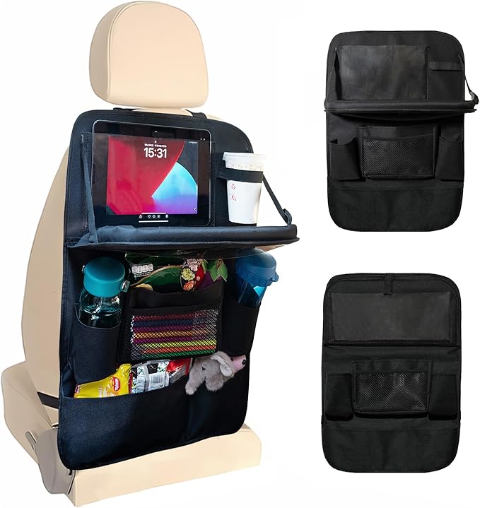 Backseat Car Organizer with Tray, 9 Storage Pockets Back Seat Protector with Foldable Tablet Holder, Waterproof Back of Seat Kick Mats for Kids Adult, Road Trip Essentials Travel Accessories, Black