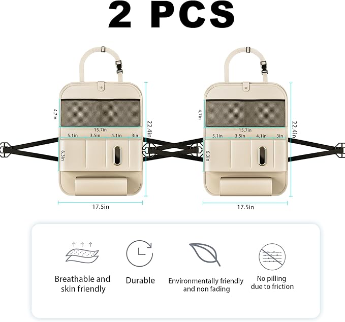 Car Seat Organizers,Multi-functional Back Seat Protectors, Storage Pouches, Child kicking prevention and Tray Holders (for Cars, Kids, Seat Back and Rear Seats) (Beige, 2 Pcs)