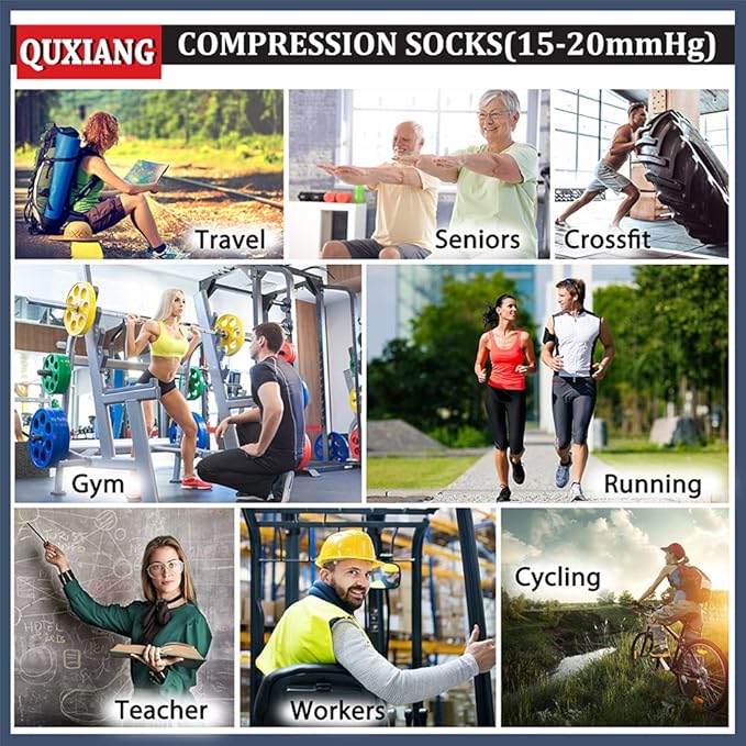 QUXIANG Copper Compression Socks for Women & Men Circulation (8 Pairs) - Best for Running Athletic Cycling - 15-20 mmHg