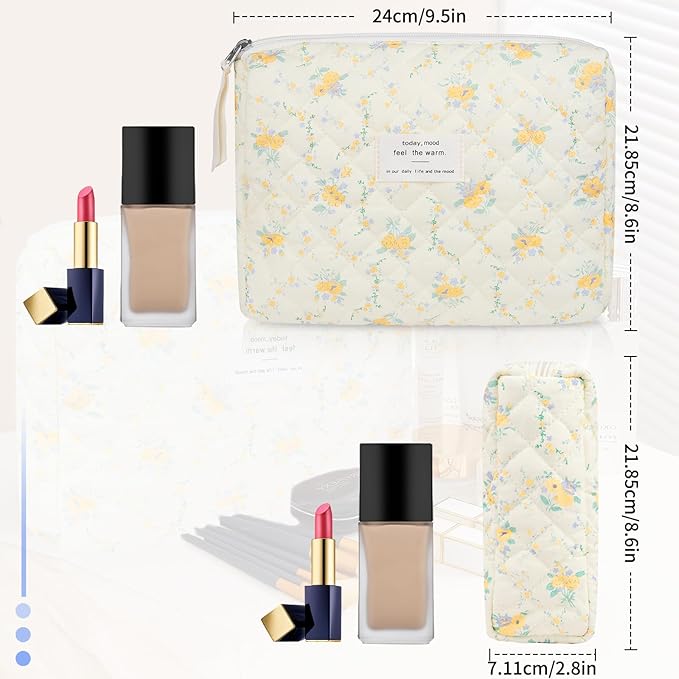 Floral Makeup Bag, Small Cosmetic Bag for Women Girls, Cute Cotton Makeup Bag, Quilted Makeup Bags, Flower Travel Toiletry Organizer Bag(Yellow Flowers)