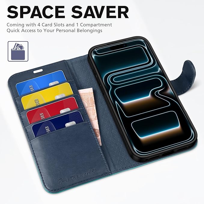 TUCCH Case Wallet for iPhone 17 Pro (6.3") 2025, Stand, RFID Blocking, 4 Card Holder, TPU Shockproof Inner Shell, PU Leather, Magnetic Closure Folio Protective Cover, Blue & Lake Blue