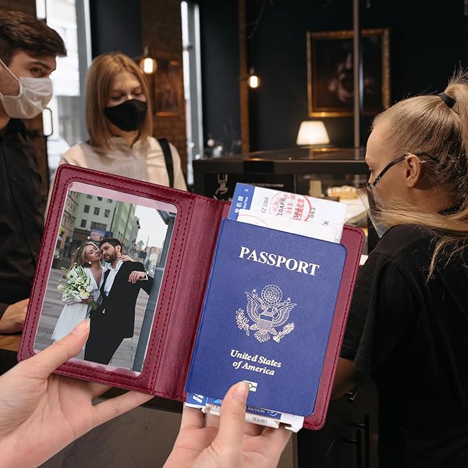 Herain Passport Holder 2Pcs, Passport Cover Wallet Case for Women Men Family, Passports Book Holders Travel Must Haves Cruise Ship Essentials (Dark Blue & Wine red)