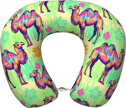 Neck Pillow Memory Foam Travel Pillows Comfortable for Airplane Flight Car Travel Office Nap and Sleeping, Funny Cushion for Head Shoulder Llama Alpaca Camels Watercolor Painting
