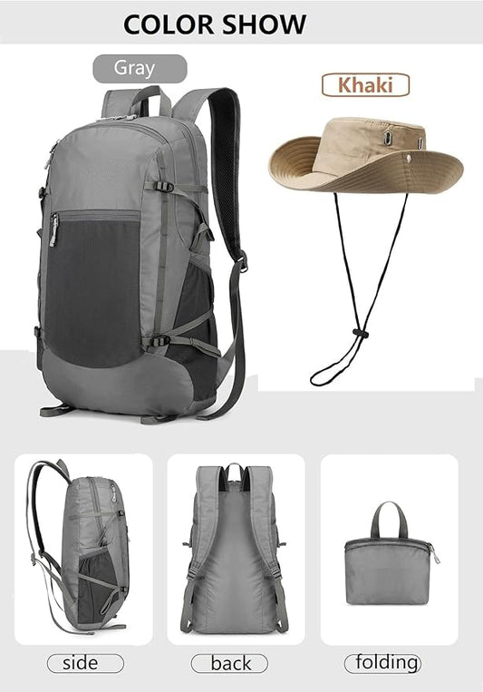 30L Foldable Backpack & Bucket Hat 2 In 1 Combo, Lightweight packable Travel and Fisherman Hat Set, Compact Collapsible Daypack with Sun Hat (Gray)