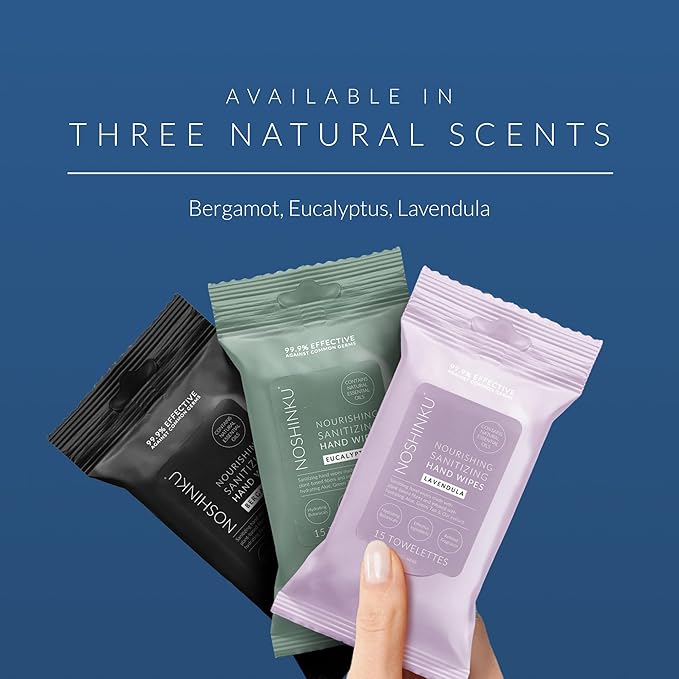 Noshinku Discovery Hand Sanitizer Wipes, 3-Pack (45 Towelettes) – Resealable Travel Wipes with Ethyl Alcohol, Aloe & Green Tea, Plant-Based Fiber, Essential Oil Scents, Cruelty-Free & No Dyes