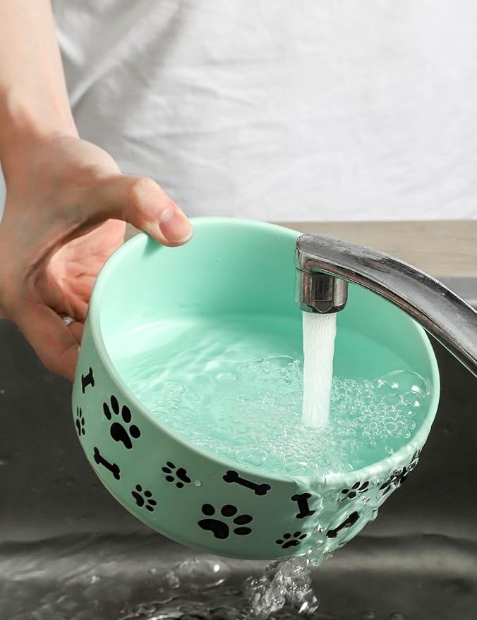 UBEE Ceramic Dog Bowl Set of 2, 6.5 inch Dog Food Bowl Dish with Bone Paw Pattern, Pet Food Water Dish Feeding for Small and Meidum Dogs and Large Cat, Green