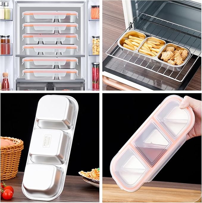 Ahongwenxi Stainless Steel Snack Box Containers, Reusable 3 Compartment Condiment Box with Lids, Food Container Sauce Cups, Divided Food Storage Containers for Home and Travel (Clear Lid)