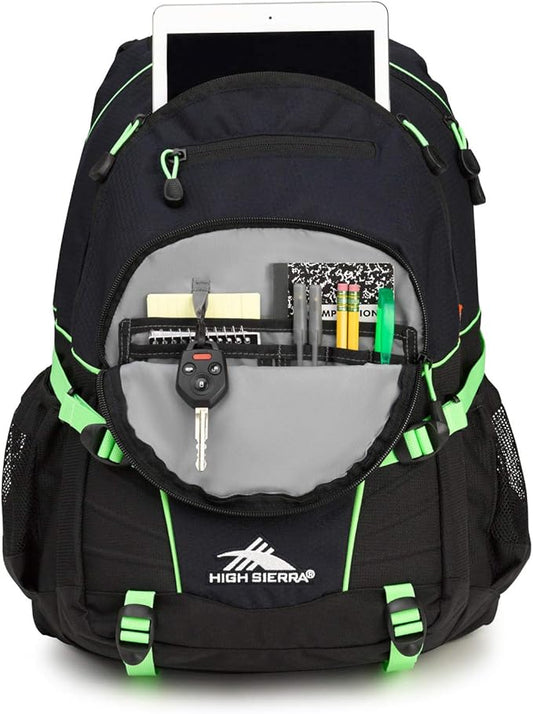 High Sierra Loop Backpack, Travel, or Work Bookbag with tablet sleeve, One Size, Midnight Blue/Black/Lime