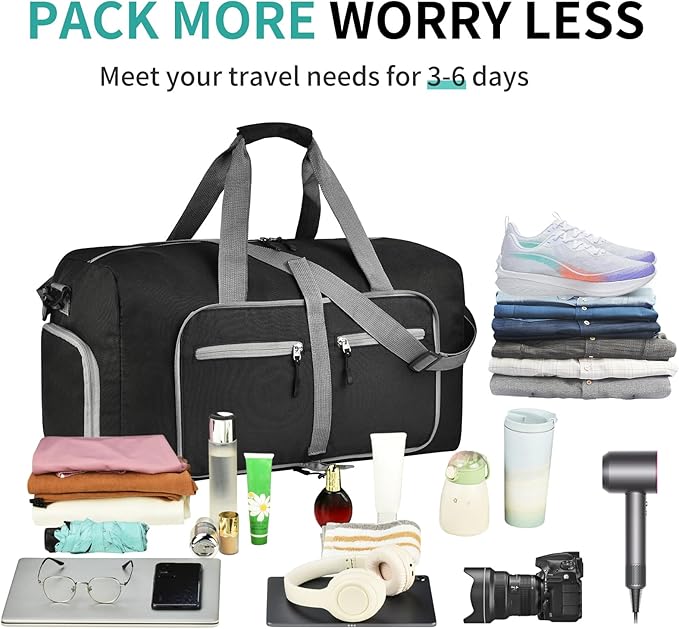 Dimayar 65L Travel Duffle Bag for Men Women - Foldable Duffel Bag with Shoes Compartment - Overnight Bags Waterproof & Tear Resistant(Black)