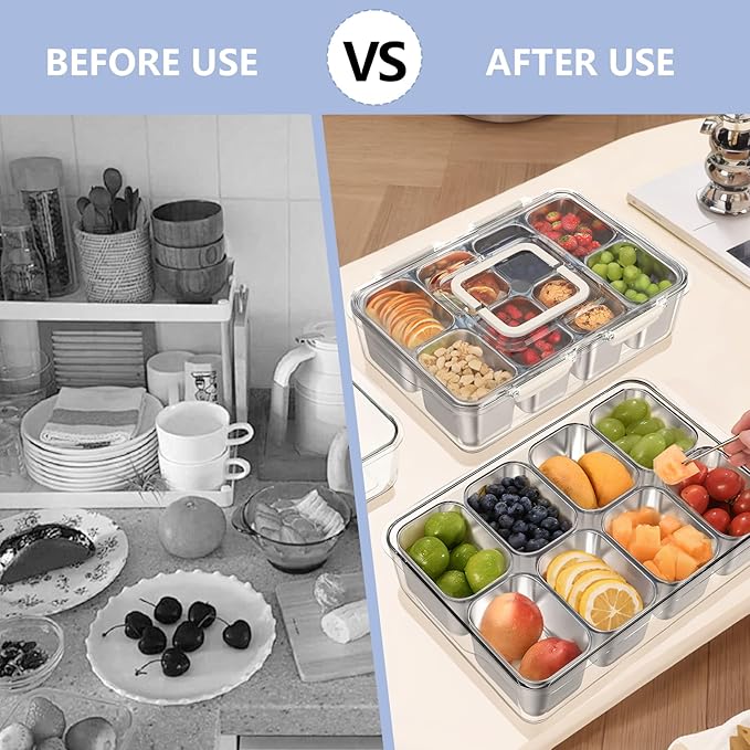 2 Pack Snackle Box Container with 8 Removable Stainless Steel Containers – Clear Divided Serving Snack Tray with Lid & Handle – Leak-Proof for Wet/Dry Food – Perfect for Parties, Travel, Office