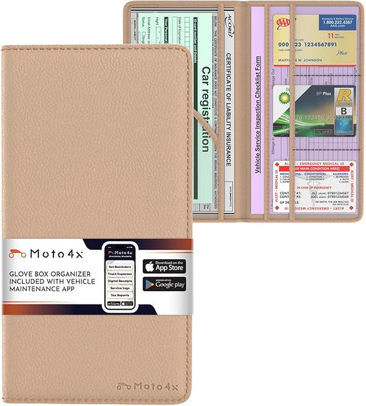 Premium Leather Magnetic Shut Car Registration & Insurance Card Holder, Glove Box Organizer for License, Cards & Documents: Beige