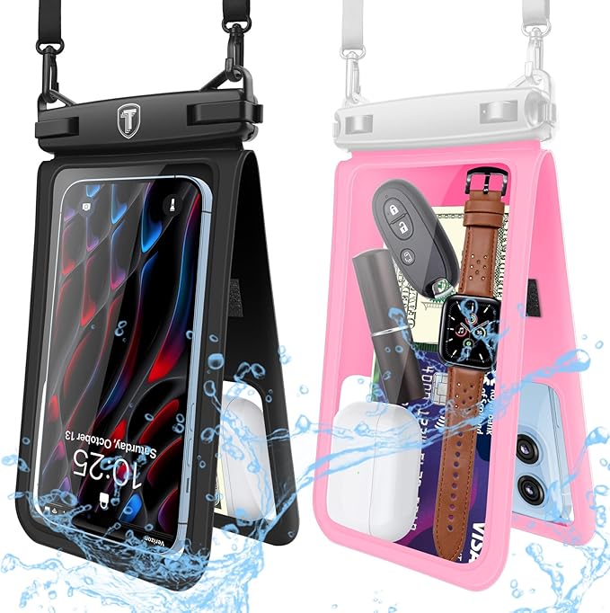 [2-Pack] Tekcoo Double Space Detachable Waterproof Phone Case IPX8 Pouch Lanyard Dry Bag for iPhone 17/16/15/14/13/12/Pro Max/Air/Pro, Galaxy S25 Ultra/Plus/S24/S23/S22/S21/FE/A17/A16/A15 up to 7"