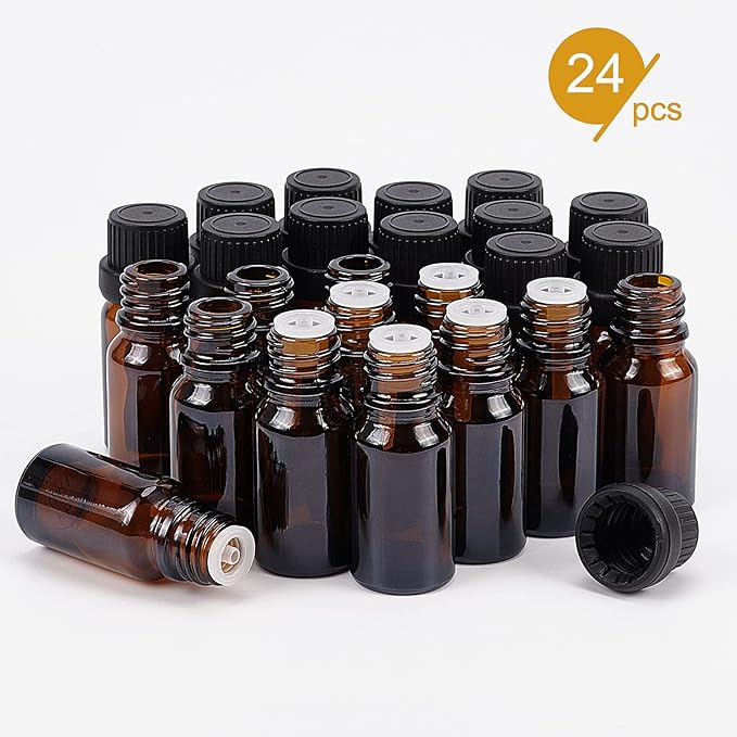 BENECREAT 24 Pack 10ml Brown Glass Essential Oil Bottles Refillable Container Kits with Plastic Droppers, Funnel Hoppers and Sticker for Aromatherapy Fragrance Cosmetic Oil