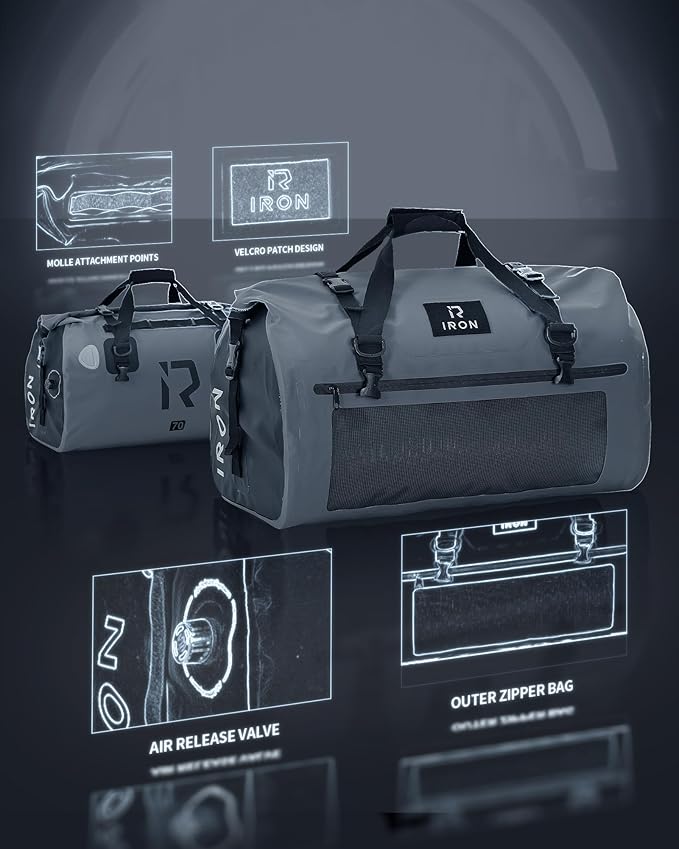 BORLENI Waterproof Motorcycle Dry Duffel Bag Luggage Tail Bag with Large Storage Space,Roll Top Closure, Shoulder Straps, Inner Pocket and Mesh Pocket for Motorcycling Travel Camping (Grey,70L)