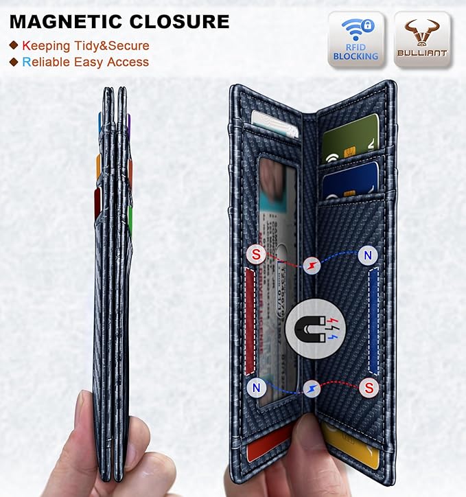 BULLIANT Slim Wallet For Men 12Cards,Magnetic Flip Build-in Money Clip Airtag Compatible-RFID Blocking